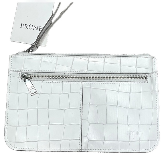 Prune Handbags - Prüne Envelope Prague White Leather Wristlet, 100% Cowhide Crocodile Design